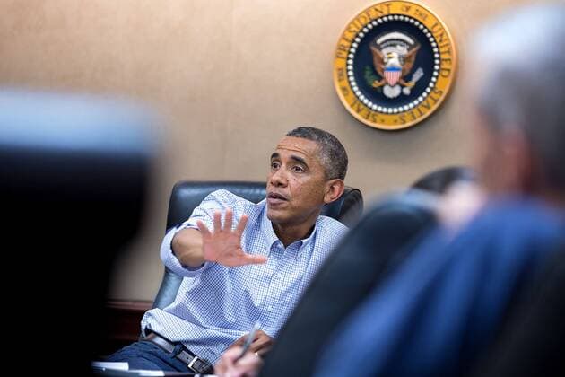 July 27, 2014 - Washington, DC, United States of America - US President Barack Obama meets with his national security advisors concerning the situation in Iraq, in the Situation Room of the White House July 27, 2014 in Washington, DC. Participants include: National Security Advisor Susan E. Rice, Chief of Staff Denis McDonough and John Podesta, Counselor to the President. Barack Hussein Obama II (born August 4, 1961) is the 44th President of the United States. He is the first African American to be elected to office and the first president born outside the contiguous United States. Born in Honolulu, Hawaii, Obama is a graduate of Columbia University and Harvard Law School. He worked as a civil rights attorney and taught constitutional law at the University of Chicago Law School from 1992 to 2004. While serving three terms representing the 13th District in the Illinois Senate from 1997 t - ZUMAz03_ 20140727_shx_z03_091