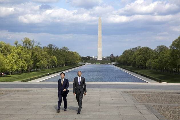 April 27, 2015 - Washington, DC, United States of America - U.S. President Barack Obama and Japanese Prime Minister Shinzo Abe walk together from the Reflecting Pool toward the Lincoln Memorial April 27, 2015 in Washington, DC. . Barack Hussein Obama II (born August 4, 1961) is the 44th President of the United States. He is the first African American to be elected to office and the first president born outside the contiguous United States. Born in Honolulu, Hawaii, Obama is a graduate of Columbia University and Harvard Law School. He worked as a civil rights attorney and taught constitutional law at the University of Chicago Law School from 1992 to 2004. While serving three terms representing the 13th District in the Illinois Senate from 1997 to 2004, he ran unsuccessfully in the Democratic primary for the United States House of Representatives in 2000. Washington United States of Ameri - ZUMAz03_ 20150427_shx_z03_508