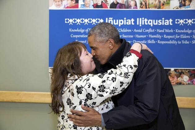 Sept. 2, 2015 - Kotzebue, AK, US - U.S. President Barack Obama performs a traditional Inuit greeting by rubbing noses as he arrives at Kotzebue High School for a visit to the Arctic Circle September 2, 2015 in Kotzebue, Alaska Barack Hussein Obama II (born August 4, 1961) is the 44th President of the United States. He is the first African American to be elected to office and the first president born outside the contiguous United States. Born in Honolulu, Hawaii, Obama is a graduate of Columbia University and Harvard Law School. He worked as a civil rights attorney and taught constitutional law at the University of Chicago Law School from 1992 to 2004. While serving three terms representing the 13th District in the Illinois Senate from 1997 to 2004, he ran unsuccessfully in the Democratic primary for the United States House of Representatives in 2000. Kotzebue US - ZUMAz03_ 20150902_shh_z03_595