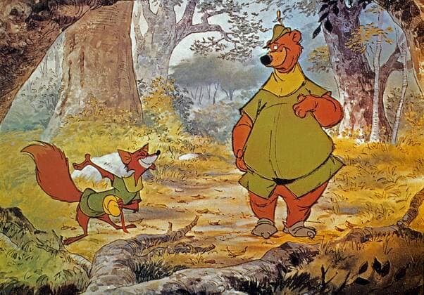 Robin Hood, USA 1973, Regie: Wolfgang Reitherman, Darsteller: Robin Hood (Fuchs), Little John (Bär) Copyright: IFTN UnitedArchives06338