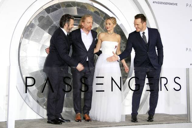Michael Sheen, Morten Tyldum, Jennifer Lawrence, Chris Pratt bei der Premiere des Kinofilms Passengers im Regency Village Theatre, Westwood. Los Angeles, 14.12.2016 Foto:xD.xBedrosianx xFuturexImage