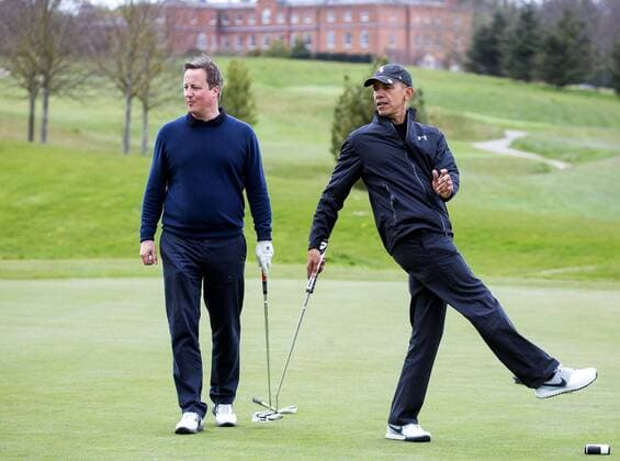 April 23, 2016 - Hertfordshire, England, United Kingdom - U.S President Barack Obama plays a round of golf with Prime Minister David Cameron at The Grove in Watford April 23, 2016 in Hertfordshire, United Kingdom Barack Hussein Obama II (born August 4, 1961) is the 44th President of the United States. He is the first African American to be elected to office and the first president born outside the contiguous United States. Born in Honolulu, Hawaii, Obama is a graduate of Columbia University and Harvard Law School. He worked as a civil rights attorney and taught constitutional law at the University of Chicago Law School from 1992 to 2004. While serving three terms representing the 13th District in the Illinois Senate from 1997 to 2004, he ran unsuccessfully in the Democratic primary for the United States House of Representatives in 2000. Hertfordshire United Kingdom - ZUMAz03_ 20160423_shs_z03_109