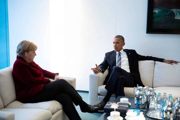 November 17, 2016 - Berlin, Germany - U.S. President Barack Obama meets with German Chancellor Angela Merkel in her Private Office at the German Chancellery November 17, 2016 in Berlin, Germany. Barack Hussein Obama II (born August 4, 1961) is the 44th President of the United States. He is the first African American to be elected to office and the first president born outside the contiguous United States. Born in Honolulu, Hawaii, Obama is a graduate of Columbia University and Harvard Law School. He worked as a civil rights attorney and taught constitutional law at the University of Chicago Law School from 1992 to 2004. While serving three terms representing the 13th District in the Illinois Senate from 1997 to 2004, he ran unsuccessfully in the Democratic primary for the United States House of Representatives in 2000. Berlin Germany - ZUMAz03_ 20161117_shs_z03_331