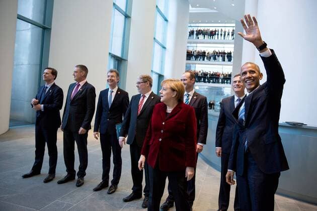 November 17, 2016 - Berlin, Germany - U.S. President Barack Obama waves to government workers alongside German Chancellor Angela Merkel and the German delegation at the German Chancellery November 17, 2016 in Berlin, Germany. Barack Hussein Obama II (born August 4, 1961) is the 44th President of the United States. He is the first African American to be elected to office and the first president born outside the contiguous United States. Born in Honolulu, Hawaii, Obama is a graduate of Columbia University and Harvard Law School. He worked as a civil rights attorney and taught constitutional law at the University of Chicago Law School from 1992 to 2004. While serving three terms representing the 13th District in the Illinois Senate from 1997 to 2004, he ran unsuccessfully in the Democratic primary for the United States House of Representatives in 2000. Berlin Germany - ZUMAz03_ 20161117_shs_z03_334
