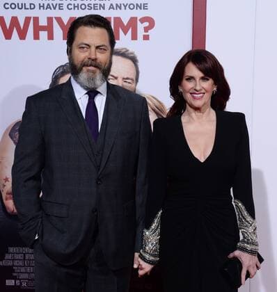 Cast member Megan Mullally and her husband, actor Nick Offerman attend the premiere of the motion picture comedy Why Him? at the Regency Bruin Theater in the Westwood section of Los Angeles on December 17, 2016. Storyline: A dad forms a bitter rivalry with his daughter s young rich boyfriend.  LAP2016121730 JIMxRUYMEN