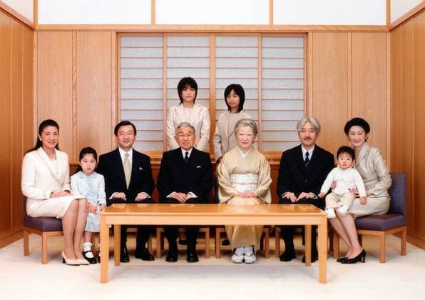 Jan 1, 2008 - Toyko, Japan - Japanese Emperor Akihito, seated fourth from left, smiles as Empress Michiko, seated third from right, takes a hand of their grandson, Prince Hisahito, as they gather with their family members for the annual official photo session for the new year at the Imperial Palace. Looking on them are: Crown Prince Naruhito, seated third from left, Crown Princess Masako, left, and their daughter Princess Aiko, second from left, Prince Akishino, seated second from right, his wife, Princess Kiko, right, their son, Hisahito, and their two daughters, Princess Mako, standing left, and Princess Kako. - ZUMAg84_ 20080101_zaf_z03_003