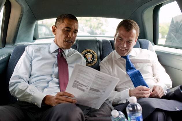 Jul. 21, 2010 - Washington, DC - President Barack Obama and Russian President Dmitry Medvedev look at a Ray s Hell Burger menu during their ride to the restaurant in Arlington, Va., June 24, 2010. Barack Hussein Obama II (born August 4, 1961) is the 44th President of the United States. He is the first African American to be elected to office and the first president born outside the contiguous United States. Born in Honolulu, Hawaii, Obama is a graduate of Columbia University and Harvard Law School. He worked as a civil rights attorney and taught constitutional law at the University of Chicago Law School from 1992 to 2004. While serving three terms representing the 13th District in the Illinois Senate from 1997 to 2004, he ran unsuccessfully in the Democratic primary for the United States House of Representatives in 2000. Washington - ZUMAz03_ 20100721_shh_z03_849