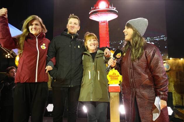 Eva De Roo, Bram Willems, Linde Merckpoel and Radio presenter Siska Schoeters pictured during the closing event of the 2016 edition (the 11th edition) of the Music For Life campaign, organized by Flemish VRT radio station Studio Brussels, Saturday 24 December 2016, in Boom.  NICOLASxMAETERLINCK 05005986