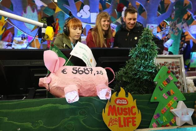 Radio presenter Linde Merckpoel, Eva De Roo and Bram Willems pictured during the closing event of the 2016 edition (the 11th edition) of the Music For Life campaign, organized by Flemish VRT radio station Studio Brussels, Saturday 24 December 2016, in Boom.  NICOLASxMAETERLINCK 05006005