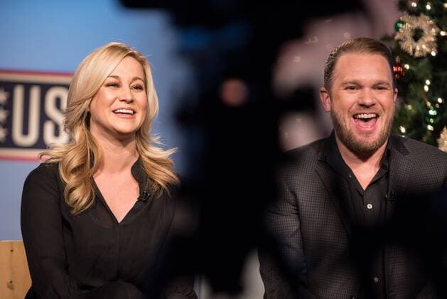 December 23, 2016 - Washington, United States - Country music singer Kellie Pickler and husband country music songwriter Kyle Jacobs laugh during a television interview about their upcoming USO Tour to the Middle East to visit U.S. troops at the National Press Club December 23, 2016 in Washington, DC. Washington United States - ZUMAp138 20161223_zaa_p138_030