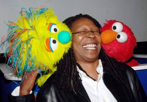 Oct. 10, 2007 - New York, NY, UNITED STATES OF AMERICA - Whoopi Goldberg poses with the new muppet Azibo (left) and Elmo after a press conference to announce Panwapa , a new world wide initiateve from Sesame Street Workshop at the United Nations International School in New York on October 10, 2007... Patrick K55011PAT - ZUMAg49_ 20071010_gaf_g49_190