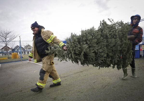 (170108) -- RICHMOND, Jan. 8, 2017 -- A firefighter carries a tree for recycling during the annual Christmas tree recycling in Richmond, Canada, Jan. 7, 2017. Firefighters volunteered their time to help residents recycle the Christmas trees at the annual Richmond Firefighters Association tree-chipping event to help reduce waste and turn rubbish into new resources.) (zxj) CANADA-RICHMOND-CHRISTMAS TREES-RECYCLING LiangxSen 
