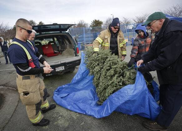 (170108) -- RICHMOND, Jan. 8, 2017 -- Firefighters receive a tree from a resident during the annual Christmas tree recycling in Richmond, Canada, Jan. 7, 2017. Firefighters volunteered their time to help residents recycle the Christmas trees at the annual Richmond Firefighters Association tree-chipping event to help reduce waste and turn rubbish into new resources.) (zxj) CANADA-RICHMOND-CHRISTMAS TREES-RECYCLING LiangxSen 