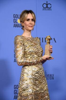 Sarah Paulson, winner of the award for Best Performance by an Actress in a Limited Series or Motion Picture Made for Television for The People V. OJ Simpson: An American Crime Story appears backstage during the 74th annual Golden Globe Awards at the Beverly Hilton Hotel in Beverly Hills, California on January 8, 2017.  LAP20170108449 JIMxRUYMEN