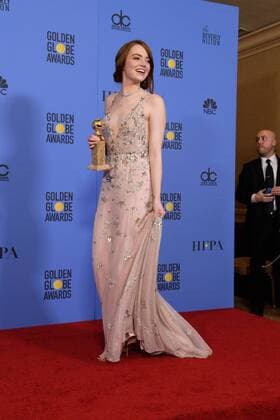 Jan 8, 2017 - Beverly Hills, California, U.S - After winning the category of BEST PERFORMANCE BY AN ACTRESS IN A MOTION PICTURE COMEDY OR MUSICAL for her work in La La Land, actress EMMA STONE poses backstage in the press room with her Golden Globe Award at the 74th Annual Golden Globe Awards at the Beverly Hilton in Beverly Hills, CA on Sunday, January 8, 2017. Beverly Hills U.S - ZUMAz03_ 20170108_sha_z03_557