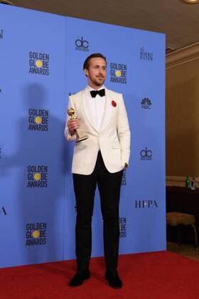 Jan 8, 2017 - Beverly Hills, California, U.S - After winning the category of BEST PERFORMANCE BY AN ACTOR IN A MOTION PICTURE COMEDY OR MUSICAL for his work in La La Land, actor RYAN GOSLING poses backstage in the press room with his Golden Globe Award at the 74th Annual Golden Globe Awards at the Beverly Hilton in Beverly Hills, CA on Sunday, January 8, 2017. Beverly Hills U.S - ZUMAz03_ 20170108_sha_z03_565
