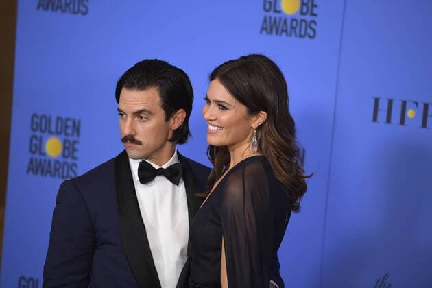January 8, 2017 - Los Angeles, California, U.S. - MANDY MOORE AND MILO VENTIMIGLIA from THIS IS US backstage at the 74th Annual Golden Globe Awards, at The Beverly Hilton in Beverly Hills. Los Angeles U.S. - ZUMAz03_ 20170108_zbp_z03_413