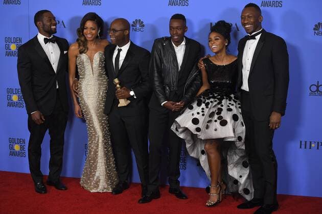 January 8, 2017 - Los Angeles, California, U.S. - THE CAST AND CREW from the movie MOONLIGHT celebrate backstage at the 74th Annual Golden Globe Awards, at The Beverly Hilton in Beverly Hills. Los Angeles U.S. - ZUMAz03_ 20170108_zbp_z03_437