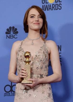 Emma Stone, winner of the award for Best Performance by an Actress in a Motion Picture Musical or Comedy for La La Land appears backstage with her trophy during the 74th annual Golden Globe Awards at the Beverly Hilton Hotel in Beverly Hills, California on January 8, 2017.  LAP201701084023 JIMxRUYMEN