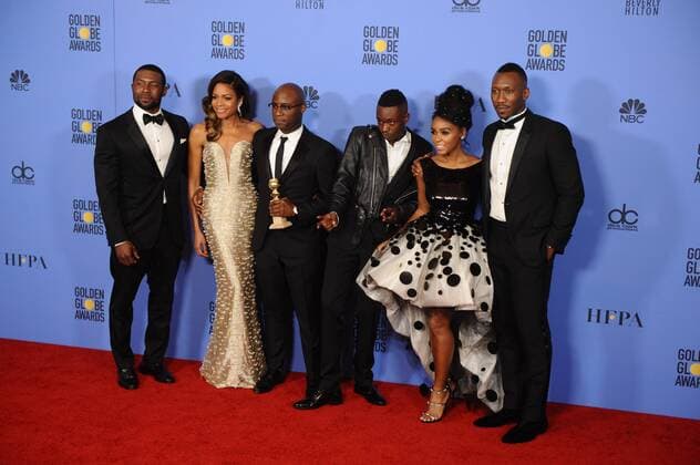January 8, 2017 - Los Angeles, California, U.S. - THE CAST AND CREW from the movie MOONLIGHT celebrate backstage at the 74th Annual Golden Globe Awards, at The Beverly Hilton in Beverly Hills. Los Angeles U.S. - ZUMAz03_ 20170108_zbp_z03_436