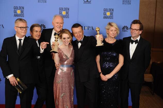 January 8, 2017 - Los Angeles, California, U.S. - THE CAST AND CREW OF THE CROWN celebrates backstage at the 74th Annual Golden Globe Awards, at The Beverly Hilton in Beverly Hills. Los Angeles U.S. - ZUMAz03_ 20170108_zbp_z03_392