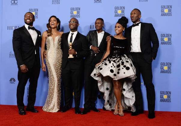 Cast members Trevante Rhodes, Naomie Harris, director Barry Jenkins, Ashton Sanders, Janelle Monae and Mahershala Ali of Moonlight , winner of Best Motion Picture - Drama appear backstage with their trophy during the 74th annual Golden Globe Awards at the Beverly Hilton Hotel in Beverly Hills, California on January 8, 2017.  LAP201701084059 JIMxRUYMEN