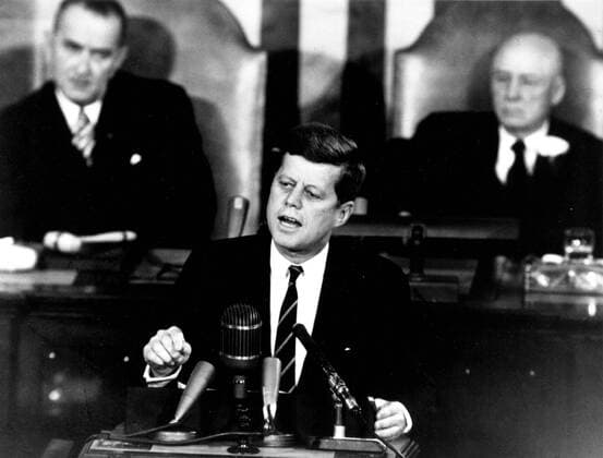 May 25, 1961 - Washington, District of Columbia, United States of America - United States President John F. Kennedy outlined his vision for manned exploration of space to a Joint Session of the United States Congress, in Washington, DC on May 25, 1961 when he declared, ...I believe this nation should commit itself to achieving the goal, before this decade is out, of landing a man on the Moon and returning him safely to the Earth. This goal was achieved when astronaut Neil A. Armstrong became the first human to set foot upon the Moon at 10:56 p.m. EDT, July 20, 1969. Shown in the background are, (left) Vice President Lyndon Johnson, and (right) Speaker of the House Sam T. Rayburn (Democrat of Texas). .Credit: NASA via CNP Washington United States of America - ZUMAs152 19610525_zaa_s152_007