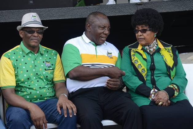 African National Congress celebrates 105 years in existence JOHANNESBURG, SOUTH AFRICA - JANUARY 06: Ace Magashule ,ANC deputy president Cyril Ramaphosa and Winnie Madikizela Mandela during 105th anniversary celebrations of the founding of the African National Congress (ANC) on January 06, 2017 at Vilakazi Street in Soweto, South Africa. The celebration marks the momentous anniversary of the liberating party of South Africa who ushered in an era of Democracy following decades of Apartheid rule. ( Gallo0107940