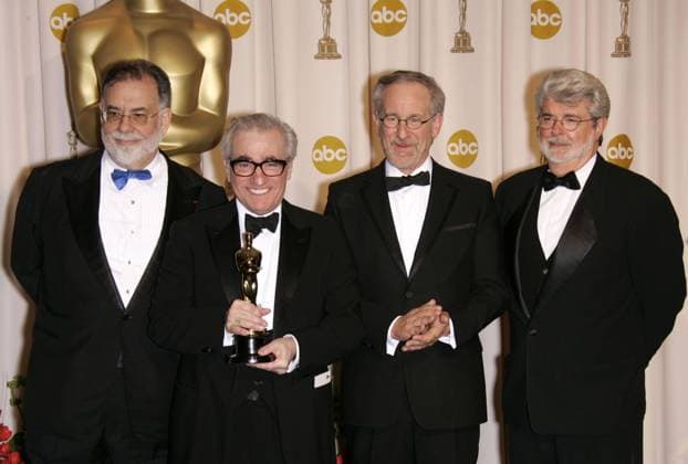 Feb 25, 2007 - Los Angeles, CA, USA - OSCARS 2007: Presenters FRANCIS FORD COPPOLA, GEORGE LUCAS and STEVEN SPIELBERG presented MARTIN SCORSESE with the award for Best Directing for The Departed at the 79th annual Academy Awards held at the Kodak Theatre in Los Angeles.  - ZUMA 20070225_xxa_o05_360