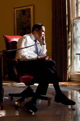 Feb. 02, 2009 - Washington, District of Columbia, U.S. - President BARACK OBAMA speaks with the Iraqi Prime Minister on the phone in the Oval Office at the White House. Washington U.S. - ZUMAjlr_ 20090202_617_z03_006