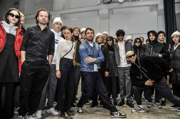 Italy:Wood Wood backstage at Milan Fashion week Brian SS Jensen (second to L) and Karl-Oskar Olsen, (C) with models on backstage after Wood Wood show during Milan Men s Fashion Week Fall Winter 2017 18  GaetanoxPiazzolla