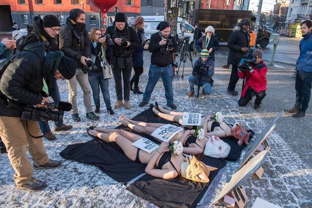 Berlin Tierschuetzerprotest zur Fashion Week Traueraktion der Tierrechtsorganisation PETA zum Start der Mercedes Benz-Fashion Week. Drei Aktivistinnen der Tierrechtsorganisation PETA legten fast unbekleidet bei -4°C sich mit Tiermasken von Fuchs, Kuh, Schaf am kommenden Dienstag den 17. Januar 2017 vor dem Eroeffnungsort der Berliner Modewoche vor symbolische Grabsteine. Unter dem Motto: Modeopfer: Getoetet fuer Pelz, Leder, Wolle appellierten sie an die Modeeinkaeufer und Verbraucher, sich ueber das Tierleid zu informieren, das hinter Leder- und Wolljacken oder Kaninchenpelzwesten steckt. 1z.1.2017, Berlin