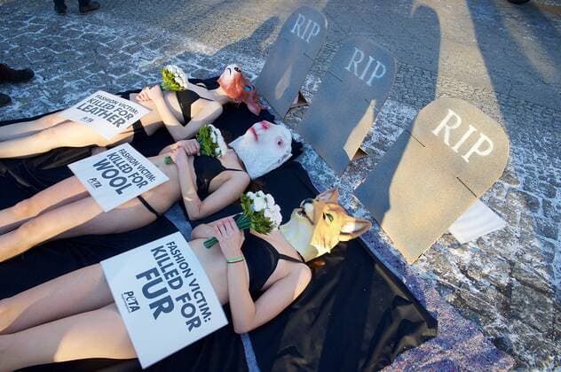 Mit Tiermasken von Fuchs, Kuh und Schaf vor symbolischen Grabsteinen, protestierten Unterstuetzer der Tierrechtsorganisation PETA am Dienstag (17.01.2017) am Schauplatz des ersten Runways der Fashion Week in Berlin. Unter dem Motto: Modeopfer: Getoetet fuer Pelz, Leder, Wolle appellieren die Tierschuetzer an die Modeeinkaeufer und Verbraucher, sich ueber das Tierleid zu informieren, das hinter Lederjacken, Wollcardigans oder Kaninchenpelzwesten steckt. PETA setzt sich fuer die Verwendung rein pflanzlicher oder synthetischer Materialien in der Bekleidungsbranche ein. PETA-Tierleichen trauern zum Start der Fashion Week um verlorene Leben Copyright: epd-bild RolfxZoellner EDITORIAL USE ONLY
