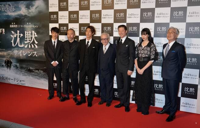 (L-R)Japanese actor Ryo Kase, Japanese film director and actor Shinya Tsukamoto, actor Yosuke Kubozuka, Director Martin Scorsese, actor Tadanobu Asano, actress Nana Komatsu and actor Issey Ogata attend the Japan premiere for the film Silence in Tokyo, Japan on January 17, 2017.  TKP2017011710 KEIZOxMORI
