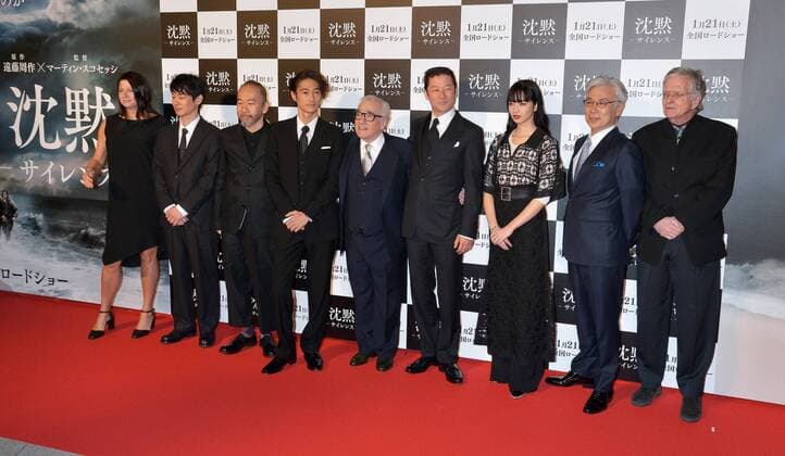 (L-R)Producer Emma Tillinger Koskoff, Japanese actor Ryo Kase, Japanese film director and actor Shinya Tsukamoto, actor Yosuke Kubozuka, Director Martin Scorsese, actor Tadanobu Asano, actress Nana Komatsu, actor Issey Ogata and screenwriter Jay Cocks attend the Japan premiere for the film Silence in Tokyo, Japan on January 17, 2017.  TKP2017011711 KEIZOxMORI