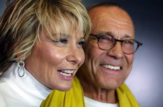 MOSCOW, RUSSIA - JANUARY 18, 2017: Russian film director Andrei Konchalovsky with his wife Julia Yulia Vysotskaya at the Moscow premiere of his latest drama film Paradise at the Karo 11 Oktyabr cinema. Artyom Geodakyan TASS  TS03E540