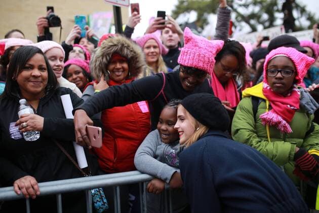 January 21, 2017 - Washington, District of Columbia, U.S. - Actress, Emma Watson, takes a picture with Danielle Champ and Zyah Brown, 5, of Washington D.C.at a pre-event for the Women s March on Washington on Independence Ave. in Washington D.C. On Saturday, January 21, 2017. Washington U.S.  - ZUMA 20170121_mda_s70_893