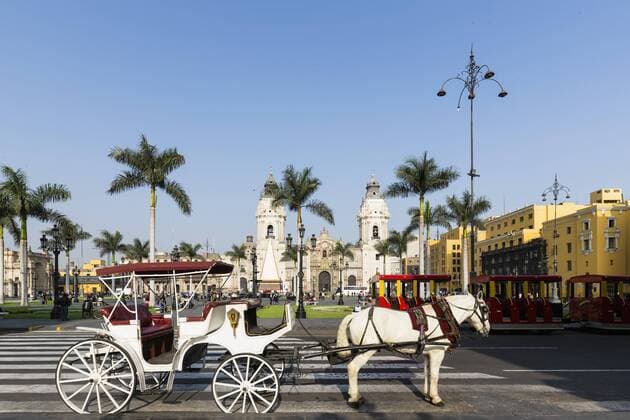 Peru, Lima, Plaza de Armas, Cathedral of Lima and carriage  FOF08608