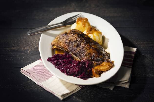 Plate of fried goose breast, red cabbage and potato dumplings  MAEF12101
