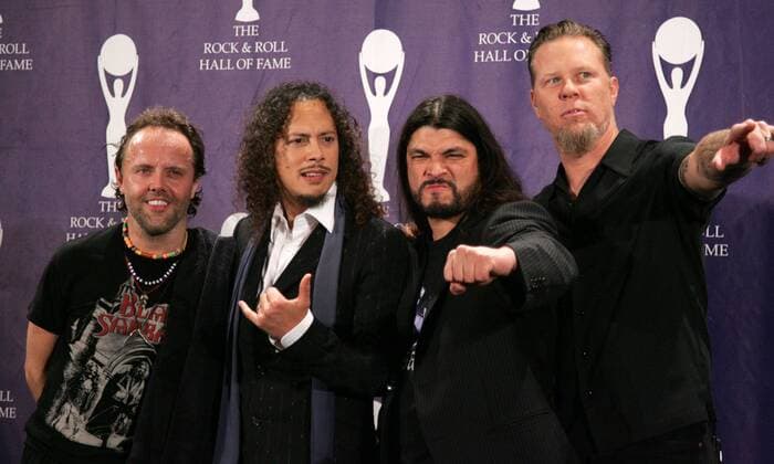 Mar 13, 2006; New York, NY, USA; Presenters LARS ULRICH, KIRK HAMMETT, ROBERT TRUJILLO and JAMES HETFIELD of METALLICA pose for photos in the press room at the 21st Annual Rock and Roll Hall of Fame Induction ceremony held at the Waldorf Astoria Hotel. Mandatory  - ZUMA 20060313_nnn_k03_063 Copyright: xNancyxKaszermanx