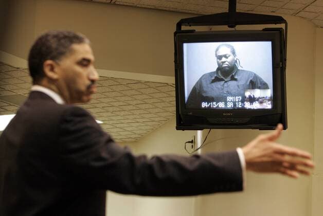 Apr 15, 2006; Detroit, MI, USA; Mario Etheridge, 28-year-old bouncer at Detroit s CCC Club and the suspected gunman in the shooting death of D12 s Proof, was arraigned via video with his lawyer, Randall Upshaw, in 36th District Court in Detroit, Michigan on Saturday, April 15, 2006. He was charged with with carrying a concealed weapon and discharge of a firearm in a dwelling or occupied structure, both felonies. He has not been charged with murder. The rapper Proof was killed 11 April 2006 in an after hours night club. Proof, was Eminem s best man from his recent wedding. Mandatory  - ZUMA 20060415_nar_k12_882 Copyright: xJeffxKowalskyx