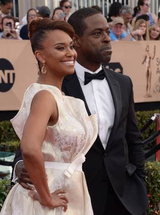 (L-R) Actors Ryan Michelle Bathe and Sterling K. Brown arrive for the the 23rd annual SAG Awards held at the Shrine Auditorium in Los Angeles on January 29, 2017. The Screen Actors Guild Awards will be broadcast live on TNT and TBS.  LAP20170129024 JIMxRUYMEN