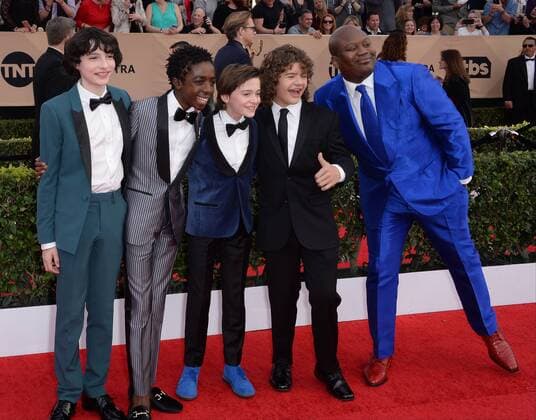 (L-R) Actors Finn Wolfhard, Caleb McLaughlin, Noah Schnapp, Gaten Matarazzo and Wayne Wilderson arrive for the the 23rd annual SAG Awards held at the Shrine Auditorium in Los Angeles on January 29, 2017. The Screen Actors Guild Awards will be broadcast live on TNT and TBS.  LAP20170129078 JIMxRUYMEN