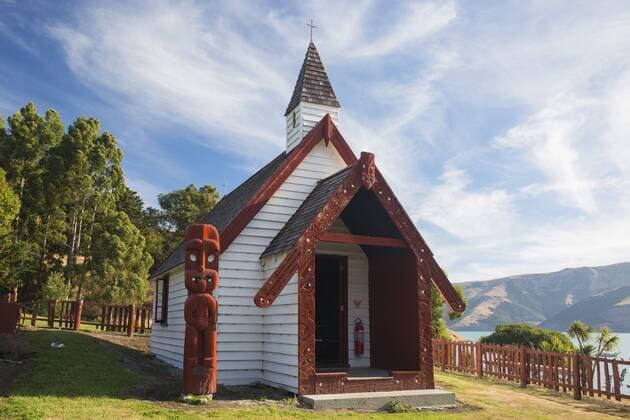 Historic Maori church on hillside above Akaroa Harbour, Onuku, near Akaroa, Banks Peninsula, Canterbury, South Island, New Zealand, Pacific Copyright: RuthxTomlinson 390-2943
