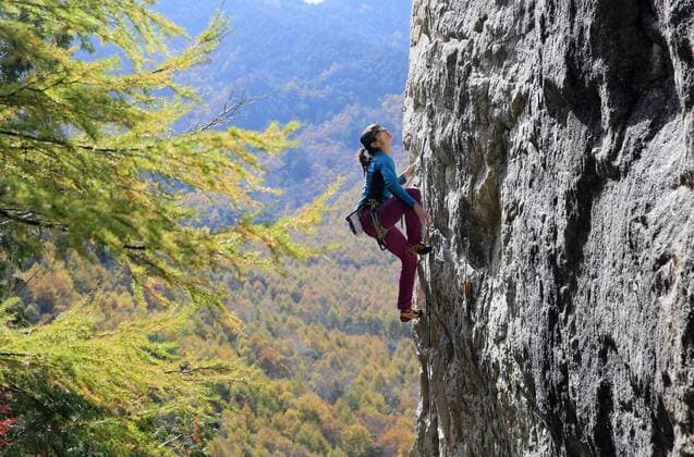 A woman rock climbing at Ogawayama, a mountain on the border of Nagano and Yamanashi prefectures, Honshu, Japan, Asia Copyright: DavidxPickford 802-329