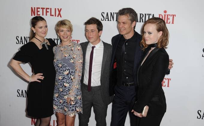 February 1, 2017 - Hollywood, California, U.S. - Drew Barrymore, Mary Elizabeth Ellis, Skyler Gisondo, Tomothy Olyphant, Liv Hewson attends The Los Angeles Premiere of Santa Clarita Diet held at the Arclight Cinerama Dome in Hollywood, California on February 1, 2017. 2017 Hollywood U.S. - ZUMAl86_ 20170201_zaf_l86_057 Copyright: xDavexLongendykex