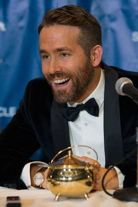 Actor Ryan Reynolds answers reporters questions during a press conference after he was awarded the Harvard University Hasty Pudding Theatricals 2017 Man of the Year inside Farkas Hall in Cambridge, Massachusetts on February 3, 2017.  BOS20170203013 MATTHEWxHEALEY