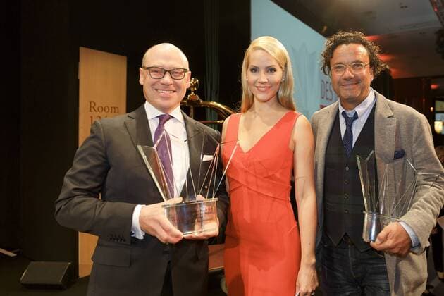 06.02.2017, Berlin, Deutschland, GER, Gala im Hotel Intercontinental zur Verleihung des Hotelier des Jahres 2017, ein Preis von der Allgemeinen Hotel- und Gastronomie Zeitung, Foto: (l.) Der Special Award geht an Dr. Christian Harisch, Geschäftsführer der Lanserhof GmbH aus Lans bei Innsbruck, (m.) Judith Rakers, (r.) Christoph Hoffmann, Co-Founder und CEO der 25hours Hotels Company, ist der Hotelier des Jahres.