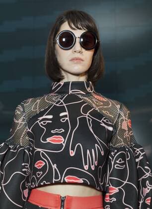 USA: New York Fashion Week Fall 2017 Epson Model shows off dress by Daniela Hoehmann of Chile for Epson Digital Couture project presentation during 2017 fall New York Fashion week at IAC building  LevxRadin