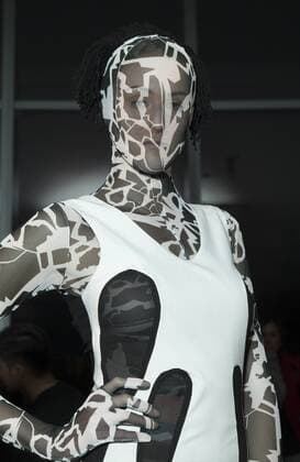 USA: New York Fashion Week Fall 2017 Epson Model shows off dress by Alexandra Polo & Miguel Moyano of Ecuador for Epson Digital Couture project presentation during 2017 fall New York Fashion week at IAC building  LevxRadin